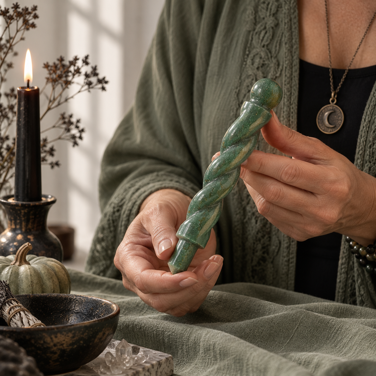 Natural Green Jade Spiral Wand – Luck and Abundance