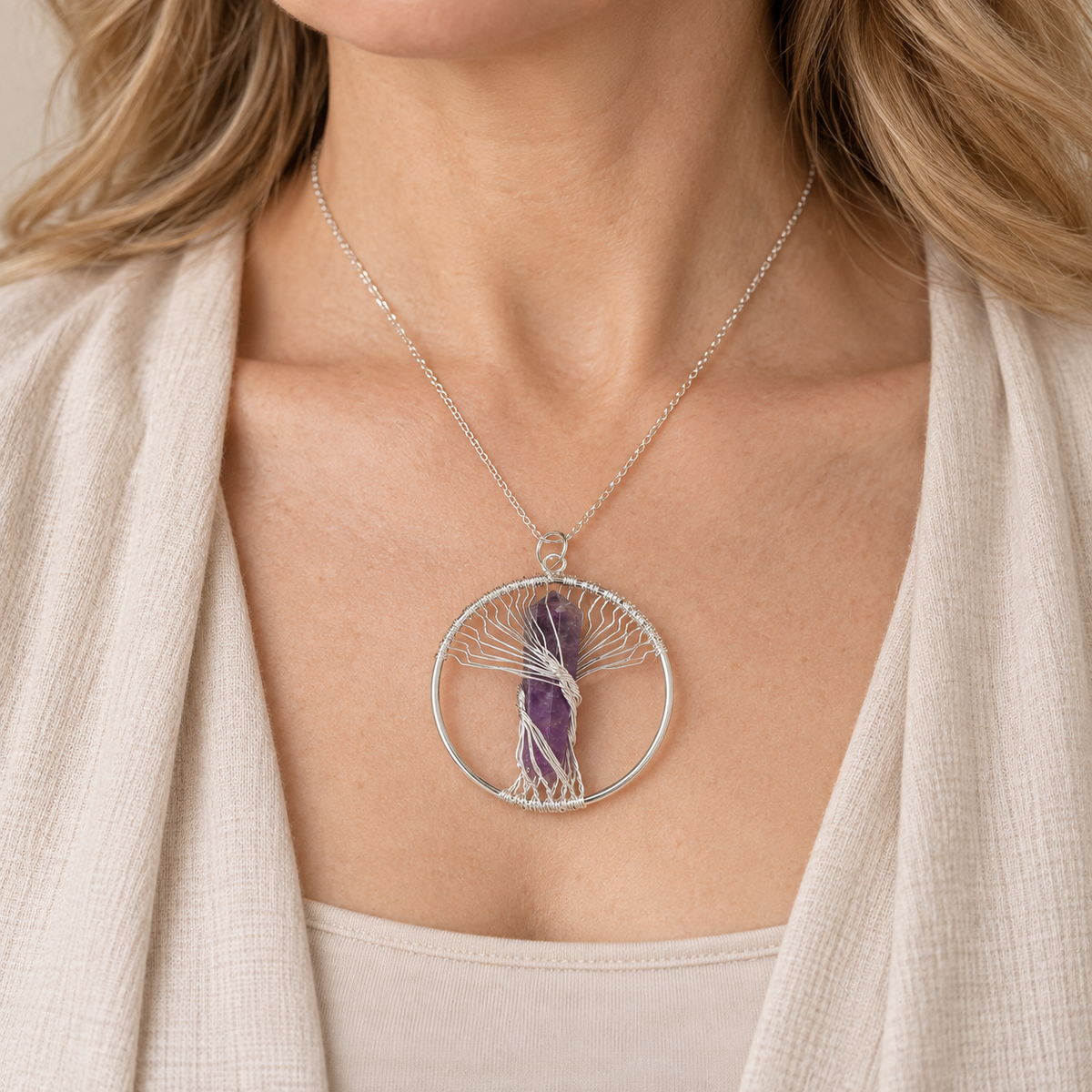 Natural Wire Wrapped Crystal Tree of Life Pendant for Growth