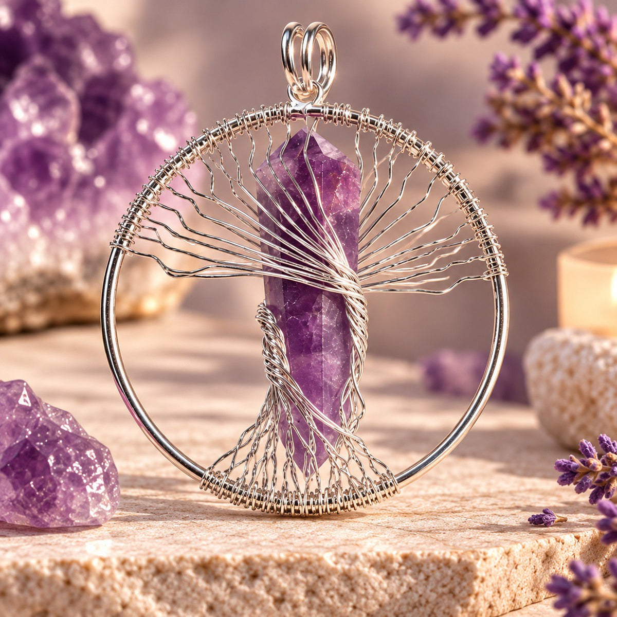 Natural Wire Wrapped Crystal Tree of Life Pendant for Growth