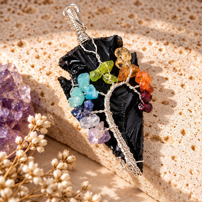 Black Obsidian Arrowhead – 7 Chakra Necklace Pendant