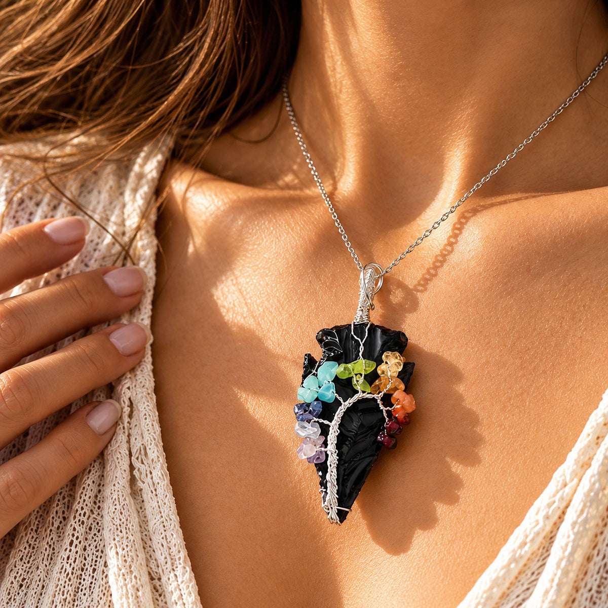 Black Obsidian Arrowhead – 7 Chakra Necklace Pendant