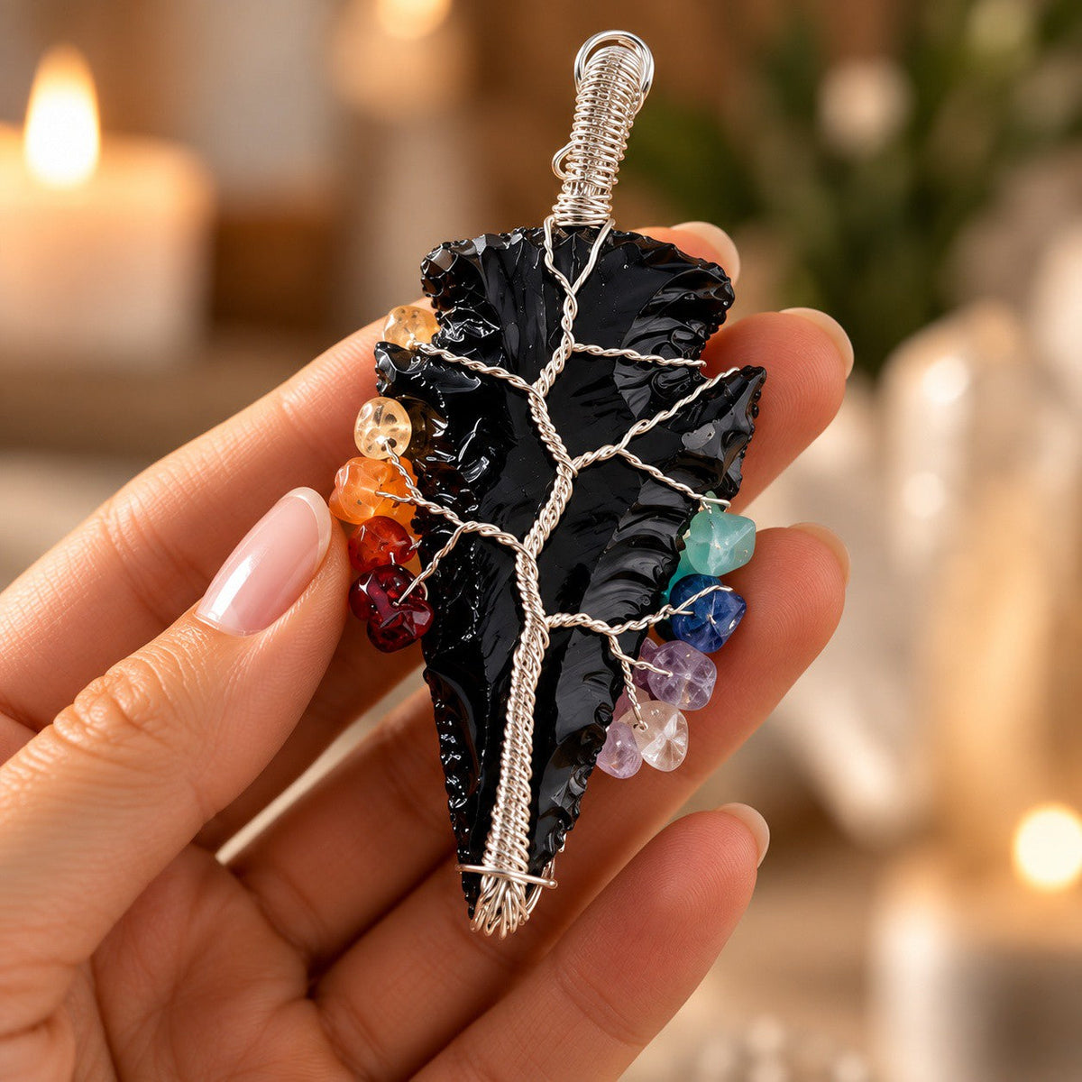Black Obsidian Arrowhead – 7 Chakra Necklace Pendant
