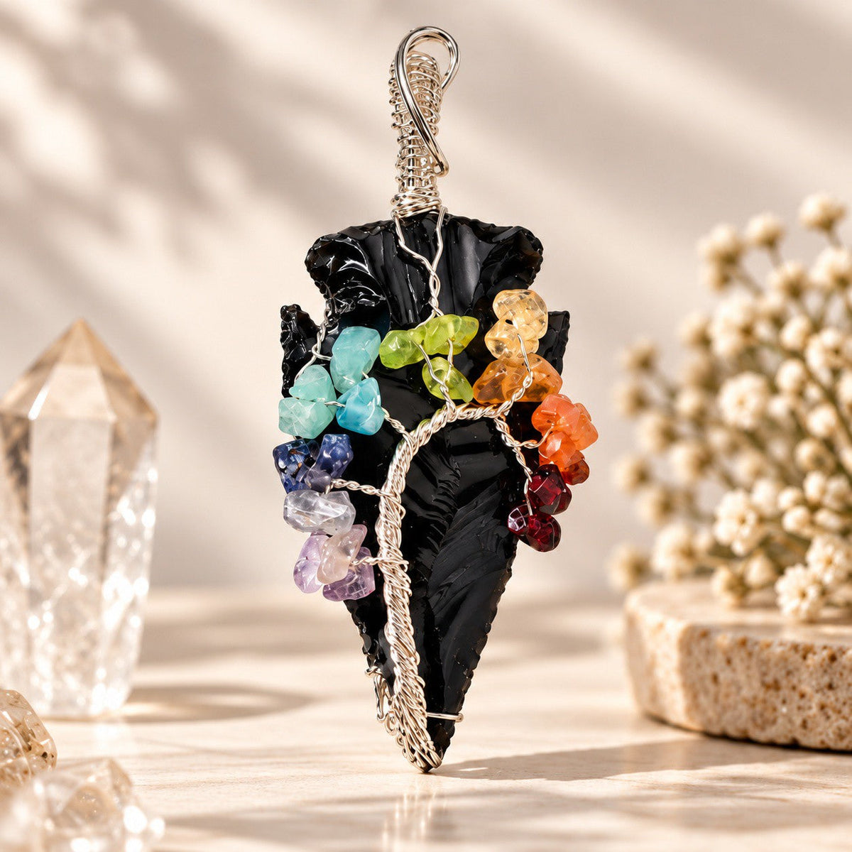 Black Obsidian Arrowhead – 7 Chakra Necklace Pendant