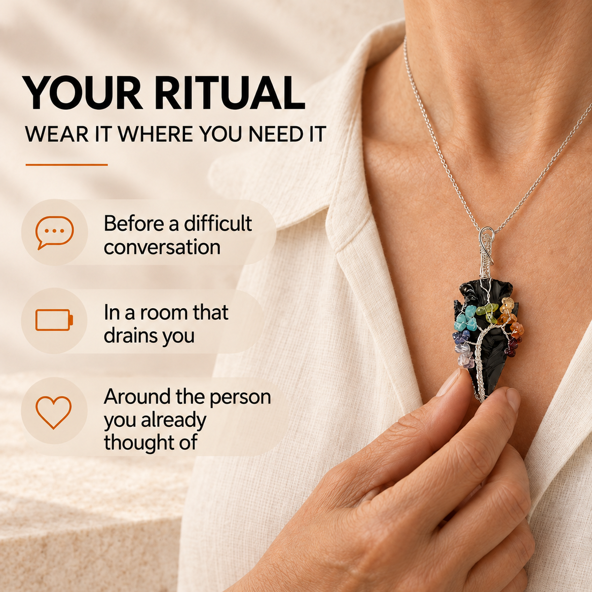 Black Obsidian Arrowhead – 7 Chakra Necklace Pendant