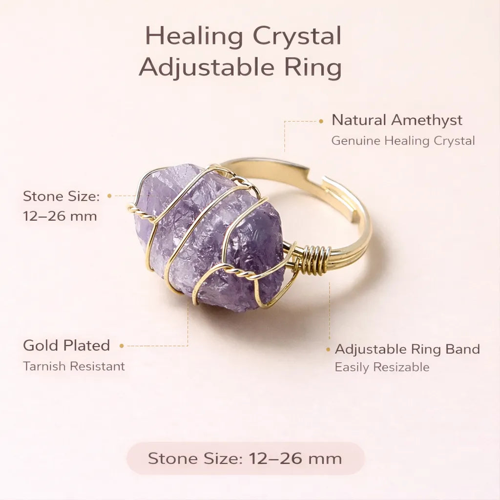 Healing Crystal Adjustable Ring — Natural Gemstone Statement Jewelry