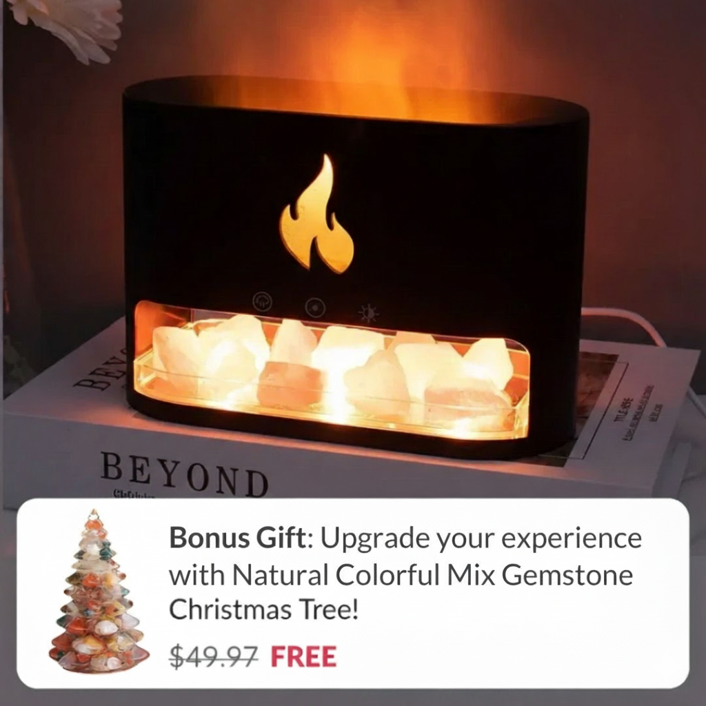 Himalayan Salt Fireplace Humidifier Lamp + FREE Natural Gemstone Christmas Tree