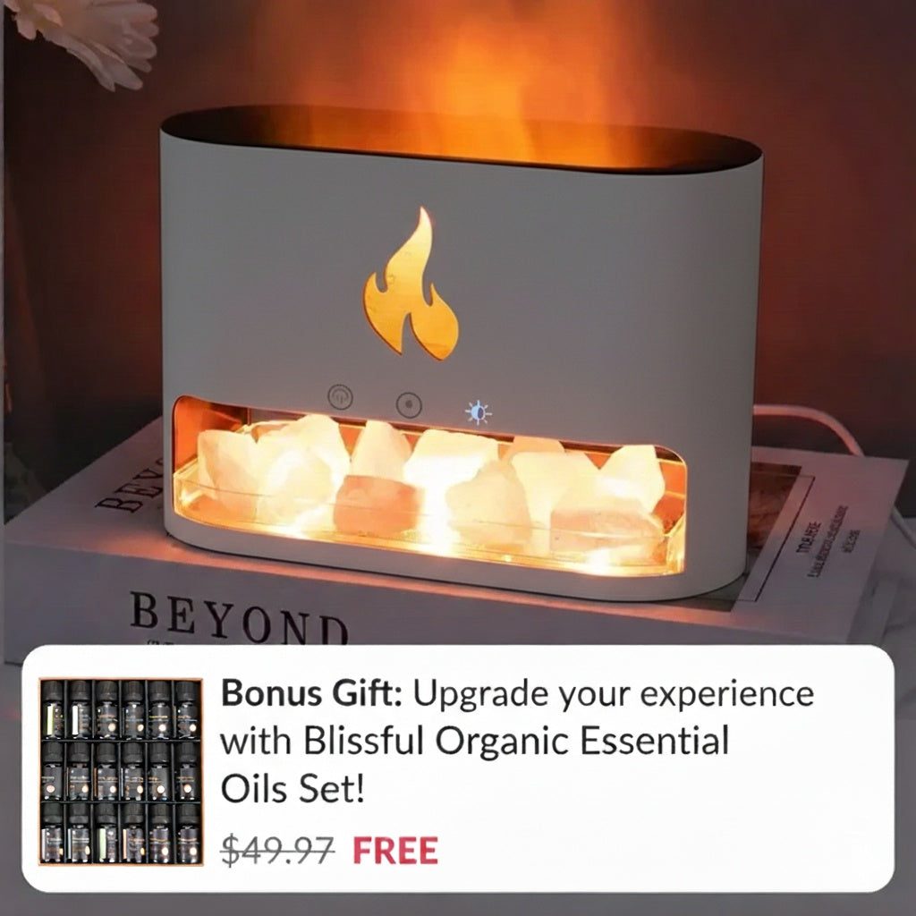 Himalayan Salt Fireplace Humidifier Lamp + FREE 18 Organic Essential Oils Set
