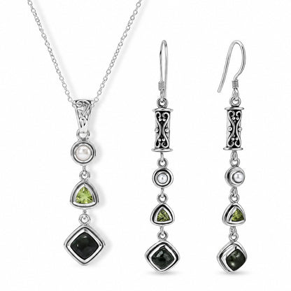 Seraphinite Jewelry Set with Peridot and Pearl - 925 Silver