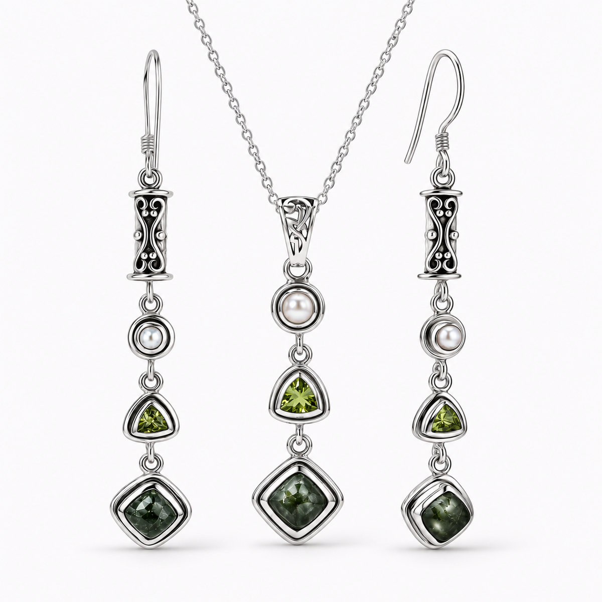 Seraphinite Jewelry Set with Peridot and Pearl - 925 Silver
