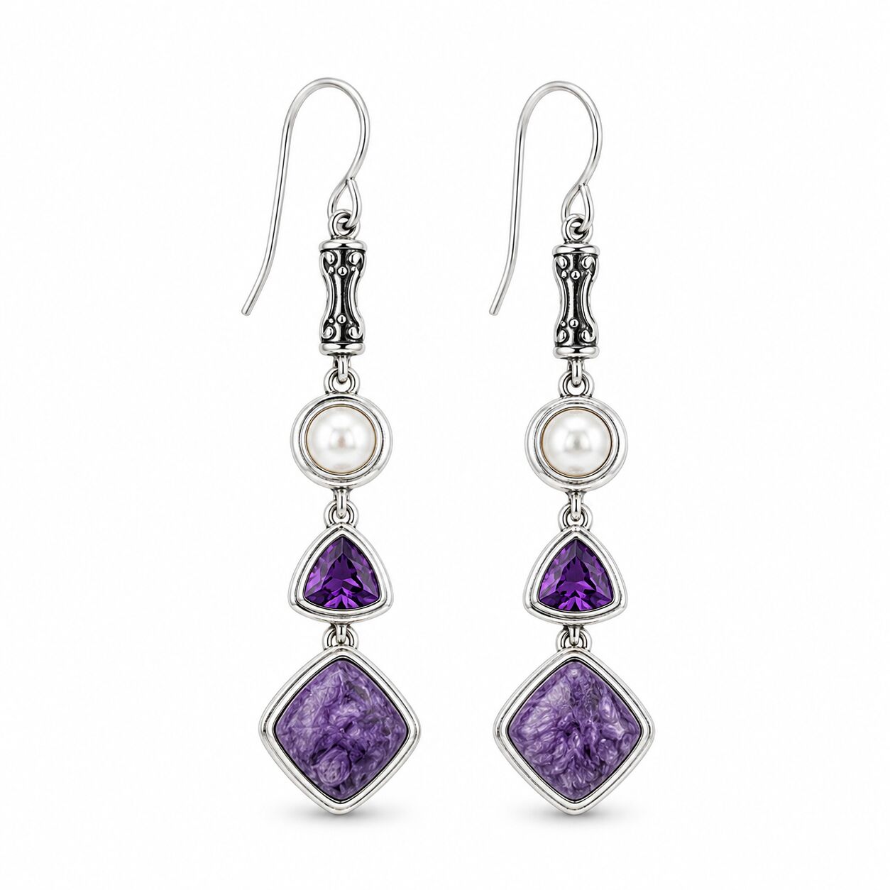 Natural Charoite, Amethyst & Pearl Earrings in Sterling Silver
