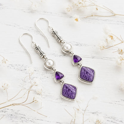 Natural Charoite, Amethyst & Pearl Earrings in Sterling Silver