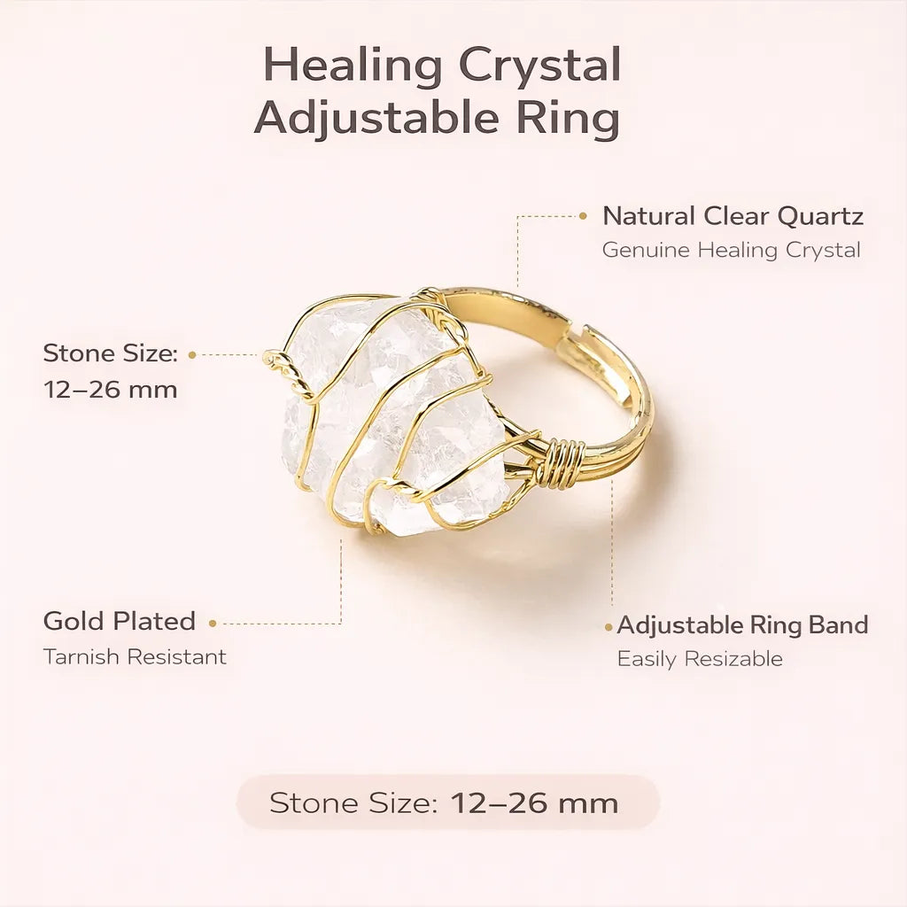 Healing Crystal Adjustable Ring — Natural Gemstone Statement Jewelry