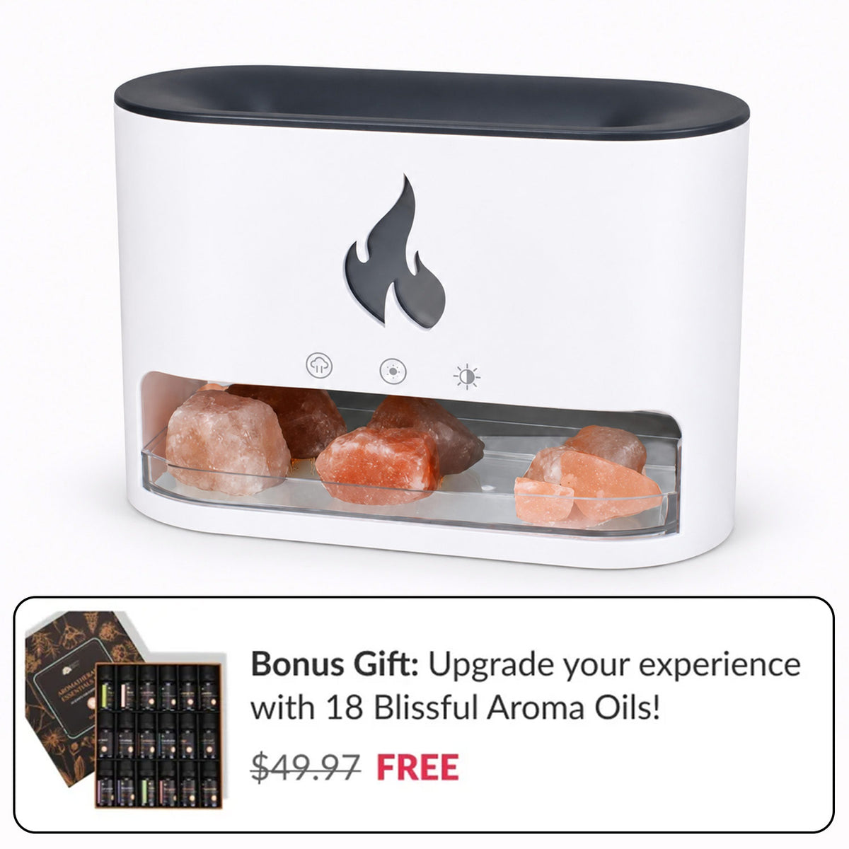 Himalayan Salt Fireplace Humidifier Lamp + FREE Set of 18 Blissful Aroma Oils