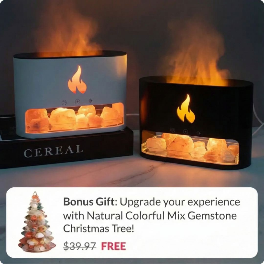 Himalayan Salt Fireplace Humidifier Lamp + FREE Natural Gemstone Christmas Tree
