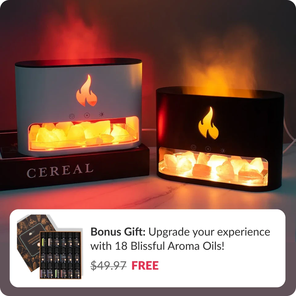 Himalayan Salt Fireplace Humidifier Lamp + FREE Set of 18 Blissful Aroma Oils