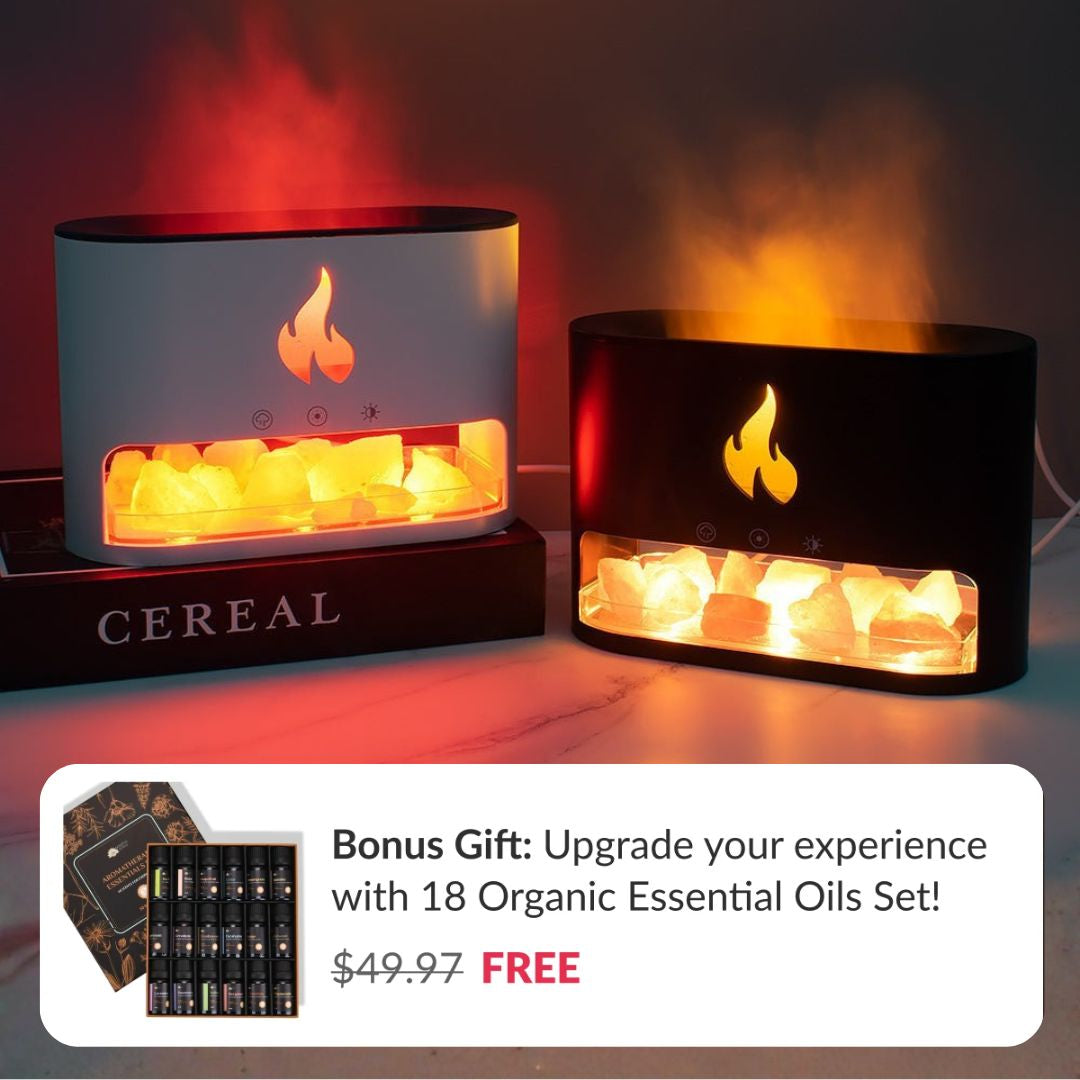 Himalayan Salt Fireplace Humidifier Lamp + FREE 18 Organic Essential Oils Set