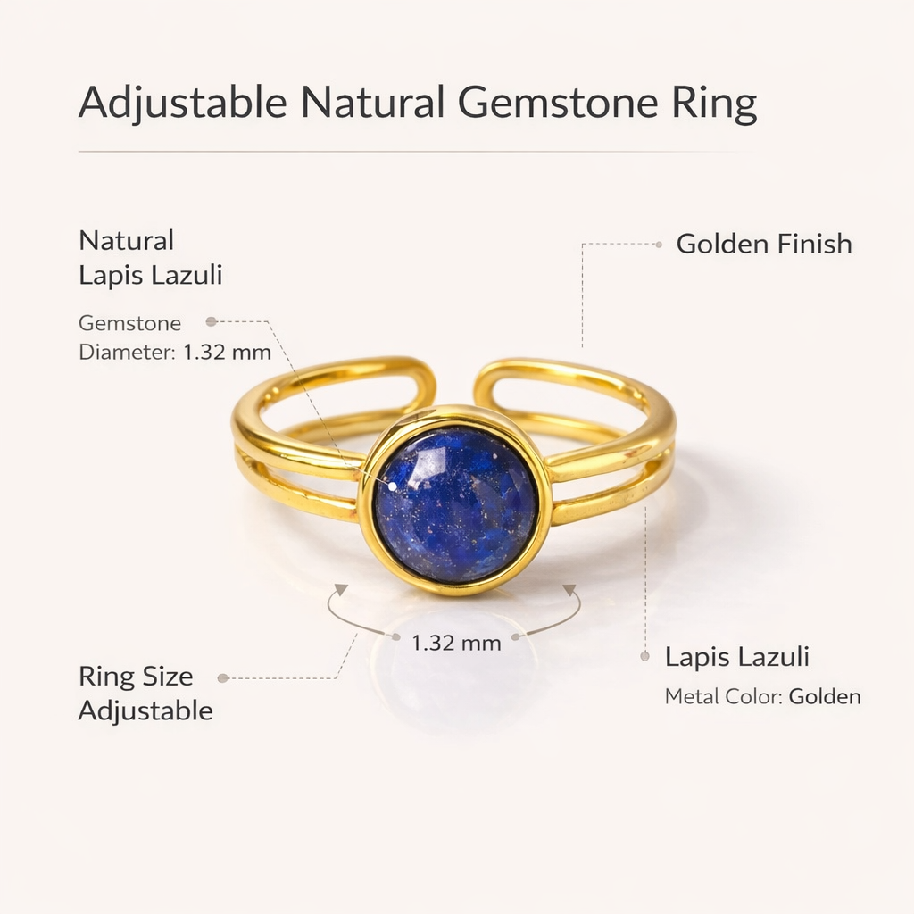 Adjustable Natural Gemstone Ring — Elegant Crystal Energy Jewelry