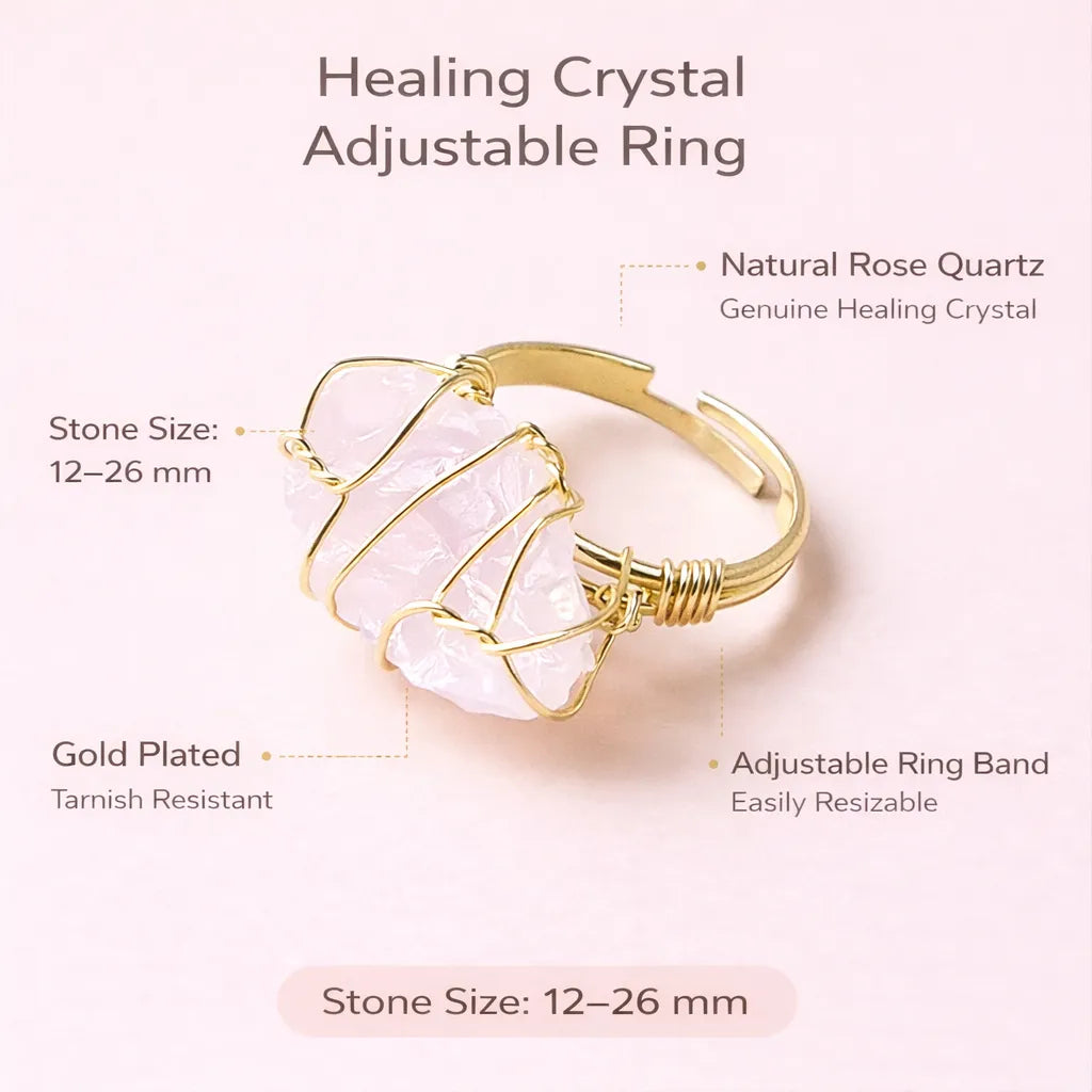 Healing Crystal Adjustable Ring — Natural Gemstone Statement Jewelry