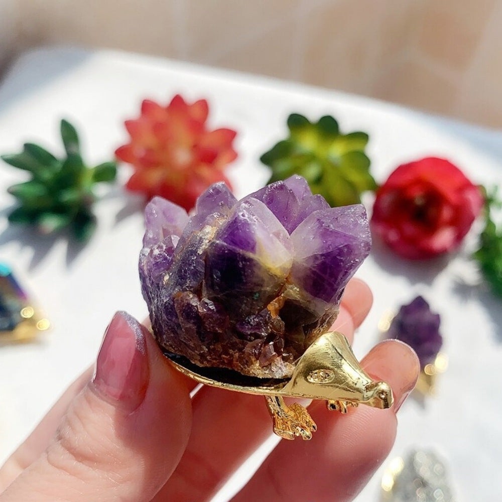 Raw Amethyst Cluster Hedgehog Figurine