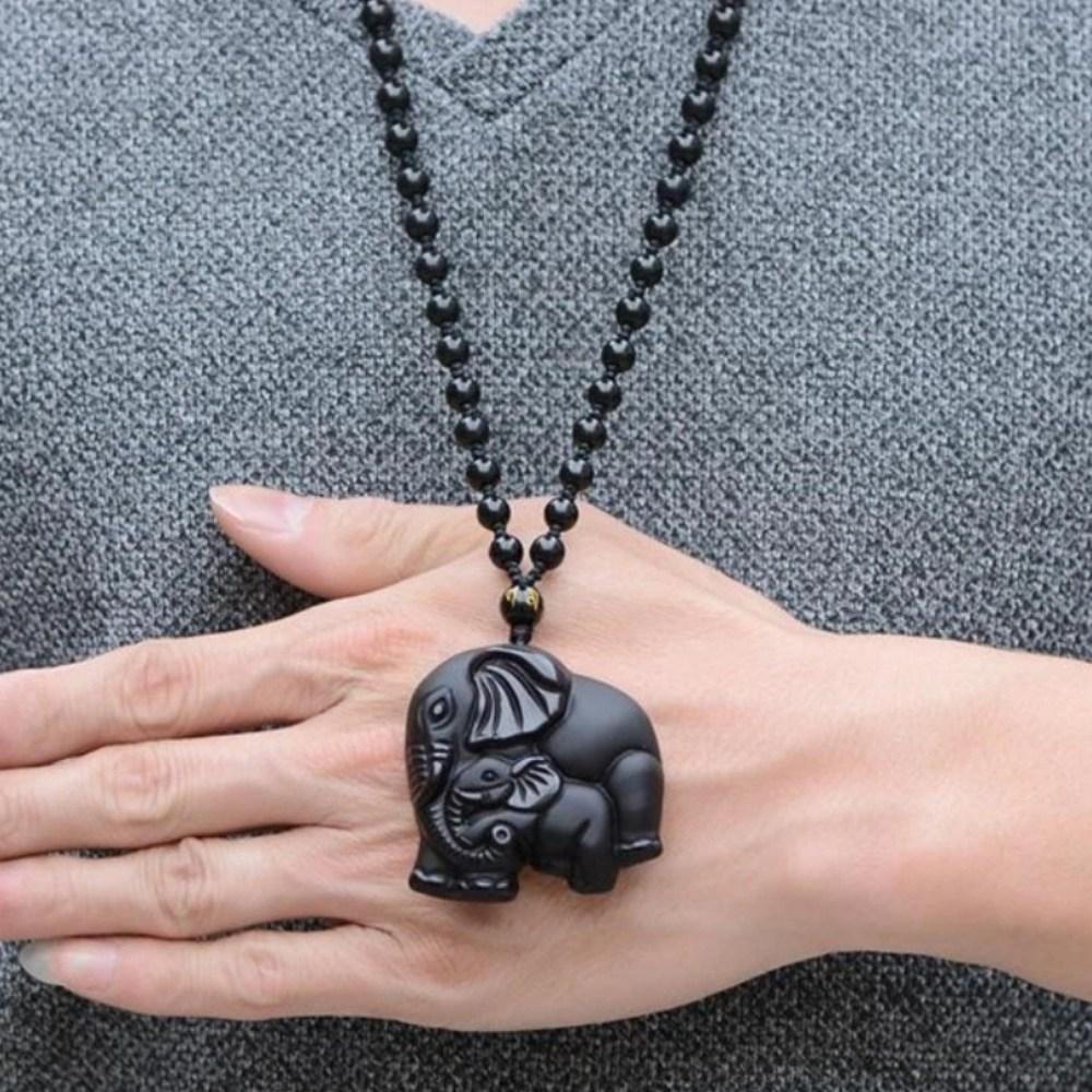 Elephant Charm Black Obsidian Crystal Necklace