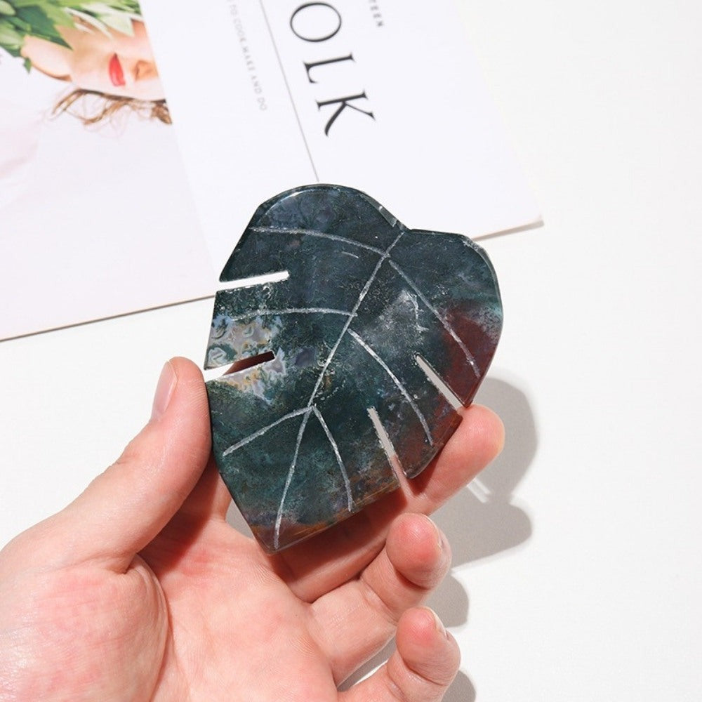 Green Moss Agate Crystal Leaf Carving