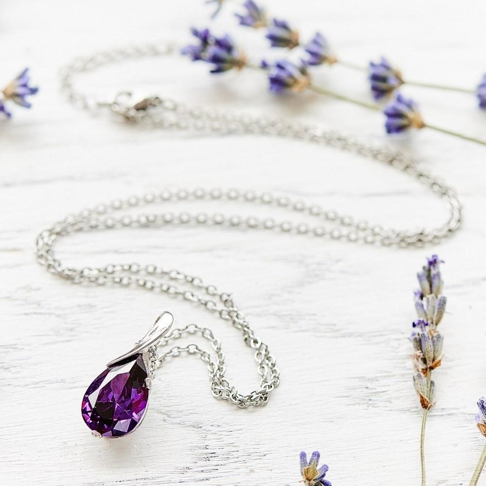 Silver Crystal Drop Amethyst Necklace