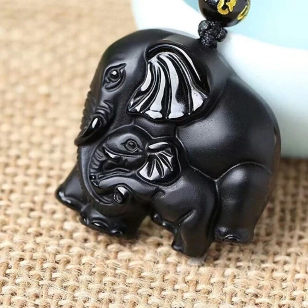 Elephant Charm Black Obsidian Crystal Necklace