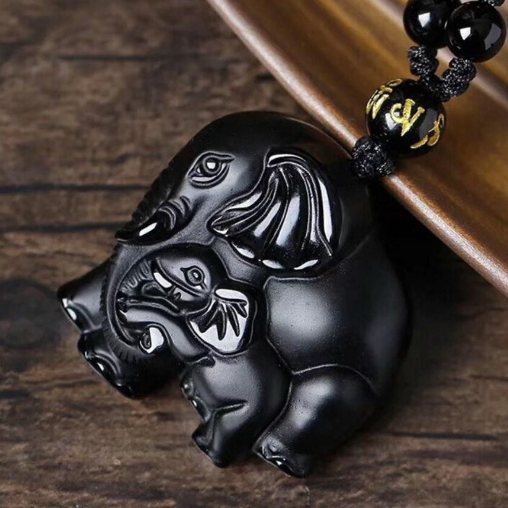 Elephant Charm Black Obsidian Crystal Necklace