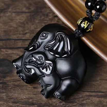 Elephant Charm Black Obsidian Crystal Necklace