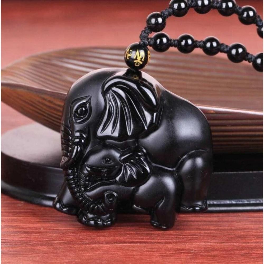 Elephant Charm Black Obsidian Crystal Necklace