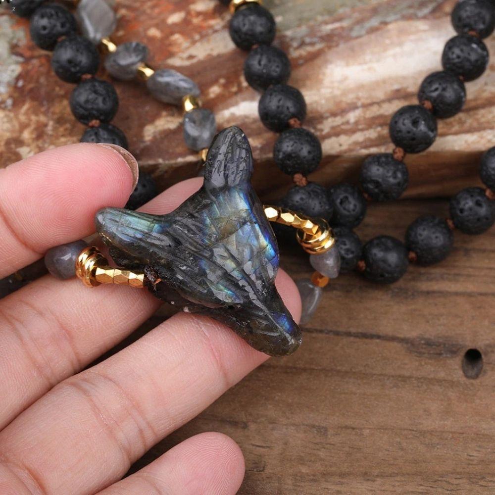 Labradorite Crystal Wolf Beaded Necklace